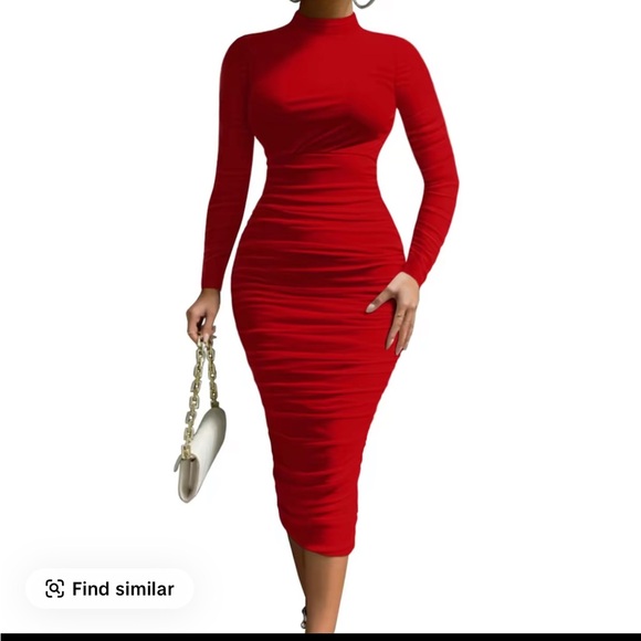 OYS Cocktail Bodycon Long Sleeve Mock Neck Mesh Rushed Midi Party Dress - Picture 2 of 4